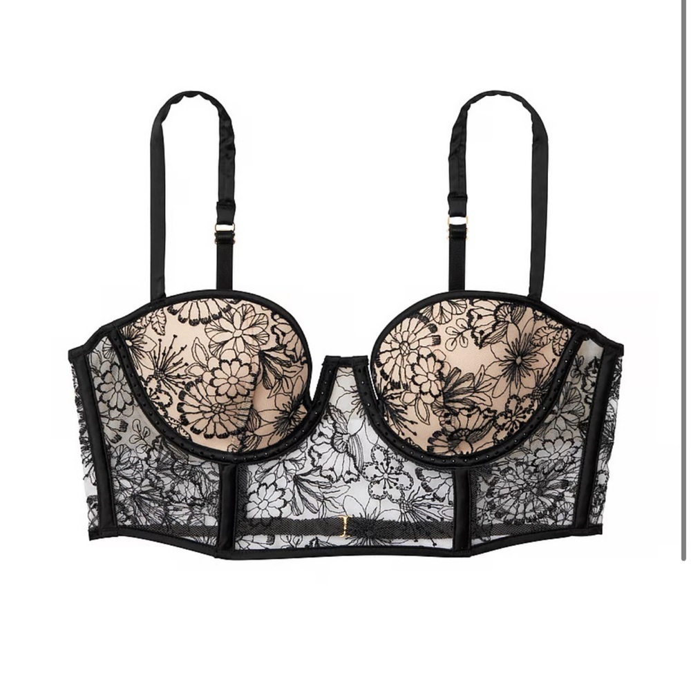 Victoriaโs Secret Floral Embroidered Push-Upโ Bustier Bra black blush Sz 32DD
